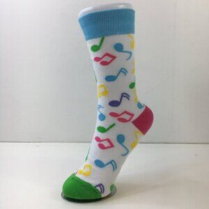 Unisex Colorful Music Note Novelty Crew Socks Ribbed Cuff White Green Blue Pink